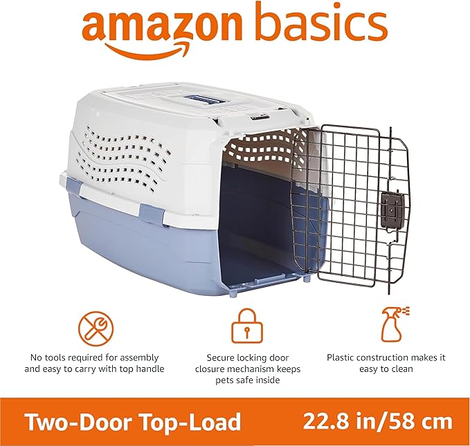 Amazon Basics two-door top-load carrier features - no tools assembly, secure locking door, easy clean plastic, 22.8 inch size