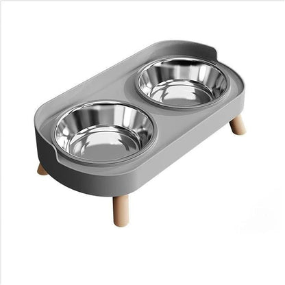 Pet double stainless steel bowl feeder with elevated wooden stand