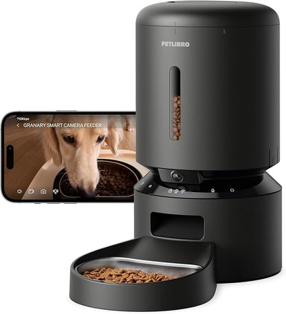 PETLIBRO Granary smart camera feeder in black with stainless steel bowl - full product view with smartphone showing live feed