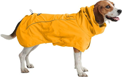 Beagle wearing yellow dog raincoat - side profile showing full coverage and reflective strip