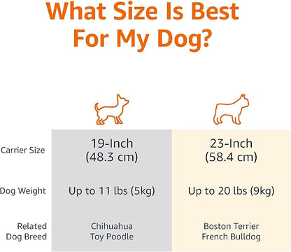 Size guide - 19 inch up to 11 lbs for Chihuahua and Toy Poodle, 23 inch up to 20 lbs for Boston Terrier and French Bulldog