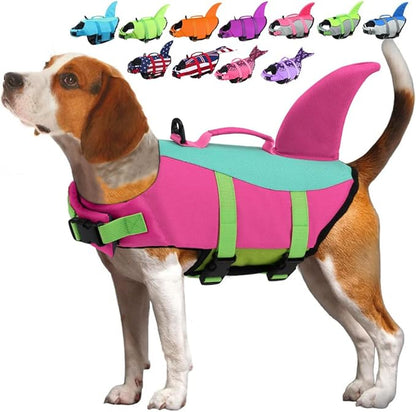 Beagle wearing pink teal shark fin dog life jacket - 12 plus color options shown above