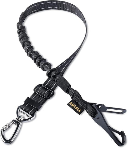 AUBELL dog car seatbelt full product view with bungee cord and carabiner