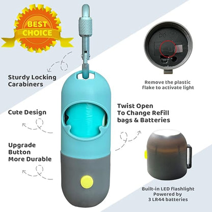 Dog poop bag dispenser features - LED flashlight twist open carabiner upgrade button