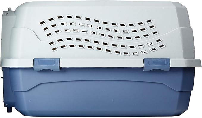 Side view of hard shell dog carrier showing wave-pattern ventilation top and side clips