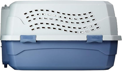 Side view of hard shell dog carrier showing wave-pattern ventilation top and side clips