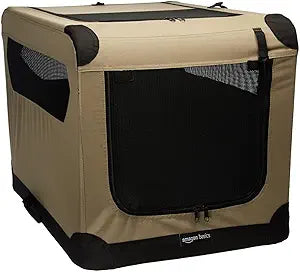 Amazon Basics soft-sided folding dog crate in tan - small dog sitting on top