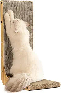 L-shaped cat scratching pad with white fluffy ragdoll cat lounging on base - natural bamboo wood frame and corrugated cardboard