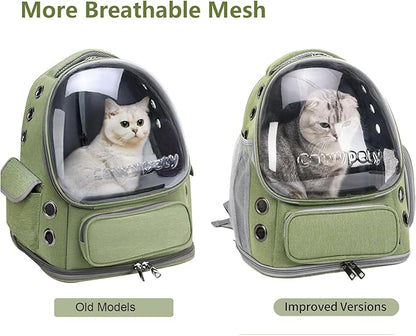 More breathable mesh comparison - old model vs improved CAWYPETY version with more ventilation holes - two cats in green bubble backpacks