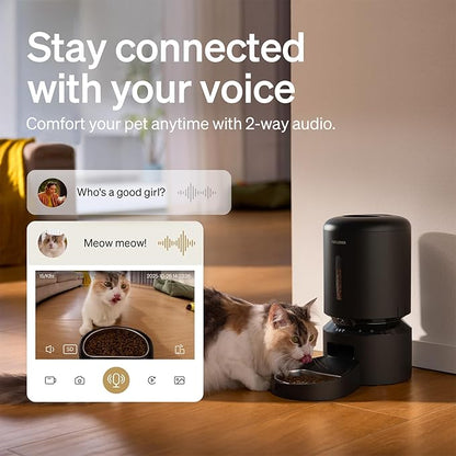 Stay connected with your voice - 2-way audio feature with cat eating from feeder bowl