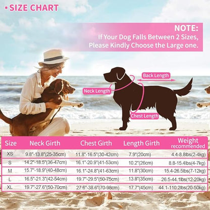 Size chart XS to XL with neck girth, chest girth, back length and weight recommendations