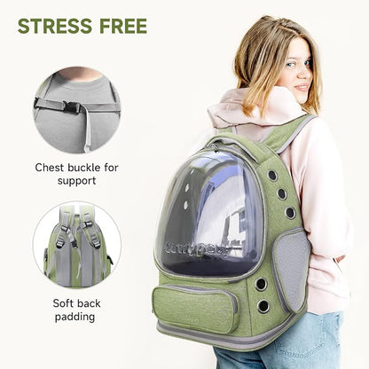 Stress free cat backpack - chest buckle for support and soft back padding highlighted - woman wearing green cat carrier backpack
