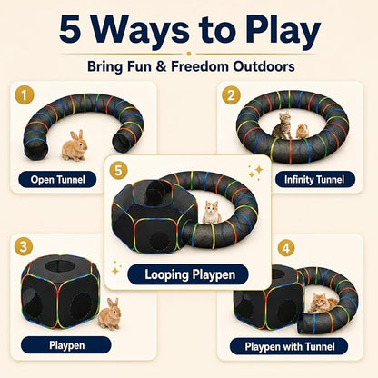 5 ways to play - open tunnel, infinity tunnel, playpen, playpen with tunnel, looping playpen configurations
