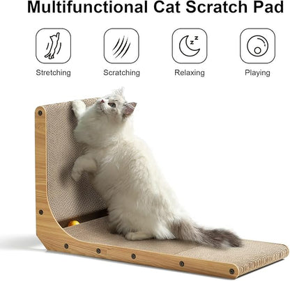 Multifunctional cat scratch pad - 4 uses: stretching, scratching, relaxing, playing - white cat standing and scratching vertical panel