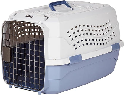 Two-door top-load dog carrier in blue and white - front wire door open showing interior