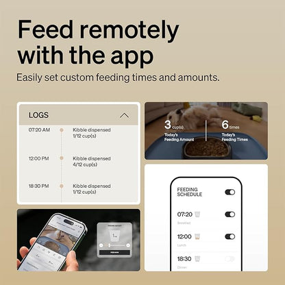 Feed remotely with the app - custom feeding schedule, logs showing kibble dispensed at 7:20am, 12pm and 6:30pm