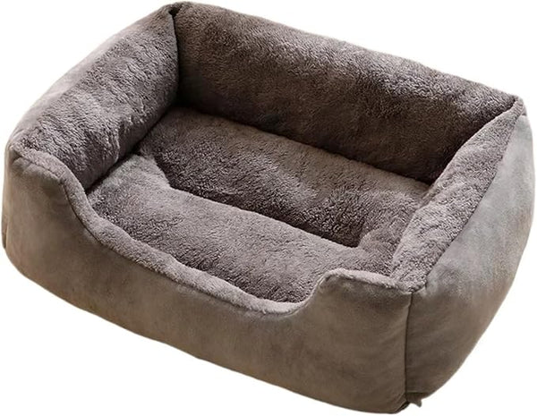 Plush bolster pet bed in taupe brown with raised walls and soft cushioned interior