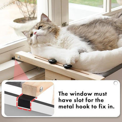 Cat lying on AMOSIJOY windowsill bed - metal hook slot requirement shown with red highlight