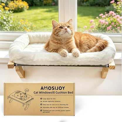 AMOSIJOY cat windowsill cushion bed with orange cat lounging - product box shown with key features listed