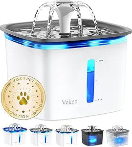 Veken 95oz pet fountain in white with blue LED light - flower waterfall mode shown, 4 color options below