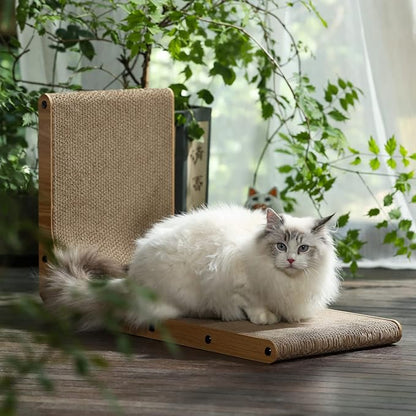 White ragdoll cat resting on L-shaped scratcher base with vertical panel behind - indoor plant background