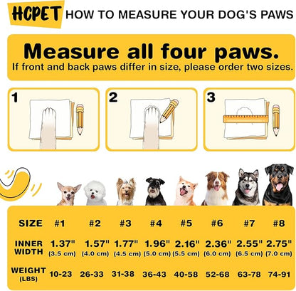HCPET paw measurement guide - sizes #1 to #8, inner width 1.37 to 2.75 inches, 10 to 91 lbs