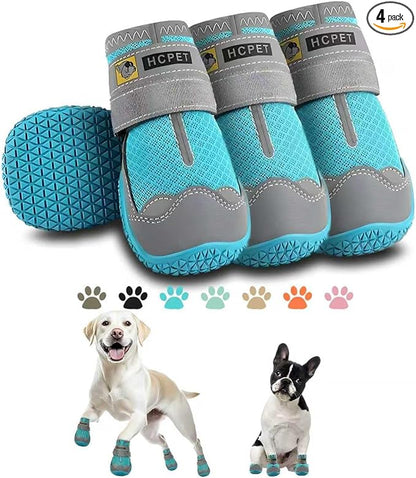 HCPET dog boots 4-pack in teal blue - shown with Labrador and French Bulldog, 6 color options