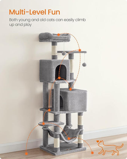 Multi-level fun - Feandrea gray cat tree with orange arrows showing climbing path - both young and old cats can easily climb up and play