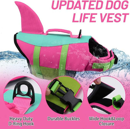 Updated dog life vest features - heavy duty D-ring hook, durable buckles, wide hook and loop closure