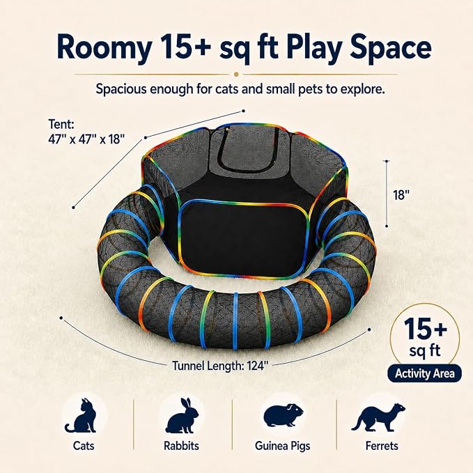 Roomy 15+ sq ft play space - tent 47x47x18 inches, tunnel length 124 inches, suitable for cats, rabbits, guinea pigs and ferrets