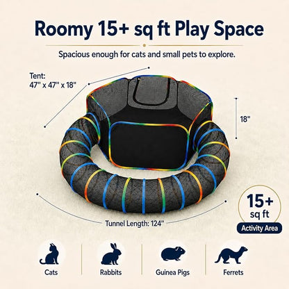 Roomy 15+ sq ft play space - tent 47x47x18 inches, tunnel length 124 inches, suitable for cats, rabbits, guinea pigs and ferrets