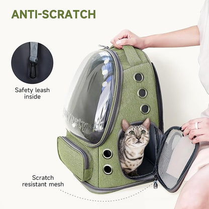 Anti-scratch cat carrier backpack - safety leash inside and scratch resistant mesh - tabby cat looking out from open side door