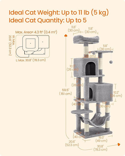 Two perches - orange tabby cat lounging on top plush perch of Feandrea cat tree - comfortable for cats to observe or sleep