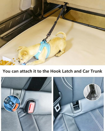 AUBELL dog seatbelt attached to hook latch and car trunk with dog in car