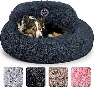 PetJett calming donut dog bed in dark grey with Border Collie - available in 4 colors