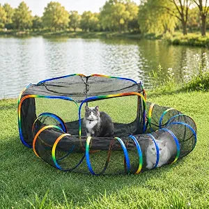 Cat tunnel playpen set in black with rainbow trim - full product view showing tent and tunnel combined