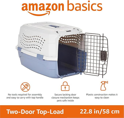 Amazon Basics two-door top-load carrier features - no tools assembly, secure locking door, easy clean plastic, 22.8 inch size