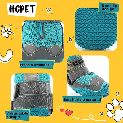HCPET dog boot features - fresh breathable mesh, non-slip sole, adjustable straps, soft flexible material
