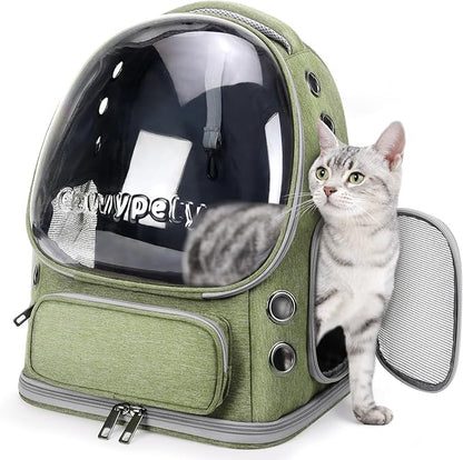 CAWYPETY green cat bubble backpack carrier - tabby cat sitting inside with side mesh door open