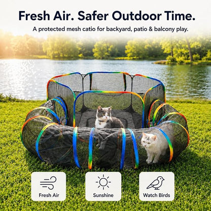 Fresh air safer outdoor time - two cats in mesh catio playpen on grass by lake, fresh air sunshine and bird watching