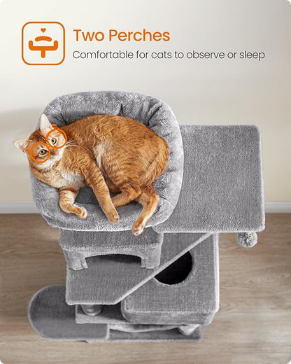Feandrea 59.5 inch cat tree dimensions - 151cm tall, 78.3cm base length, 52.3cm wide, ideal for up to 5 cats up to 11 lbs each