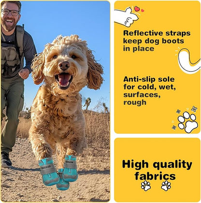 Goldendoodle running outdoors wearing teal HCPET boots - reflective straps, anti-slip sole, high quality fabrics